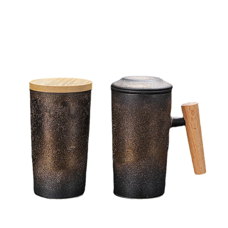 Керамическая чайная чашка в стиле ретро кофейная с деревянной ручкой и