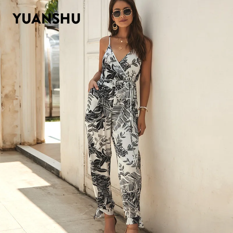 

YUANSHU летний Облегающий комбинезон на бретелях с открытой спиной с цветочным принтом сексуальный без рукавов с V-образным вырезом с разрезом ...