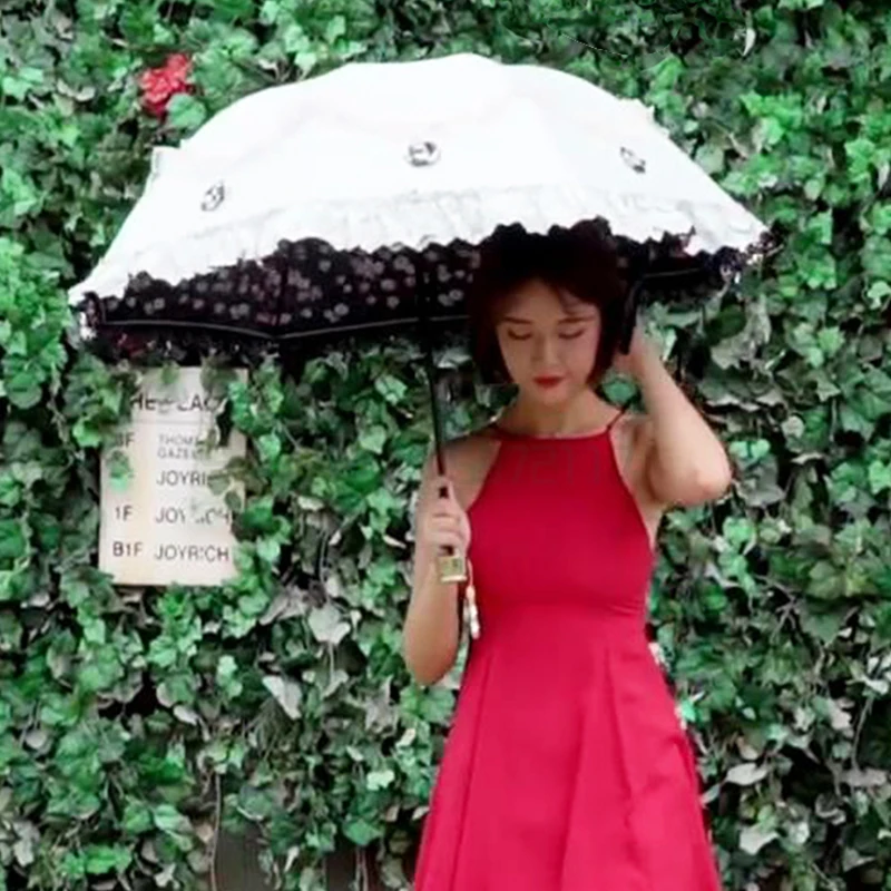 Зонт женский кружевной от дождя и солнца корейский стиль три сложения защита