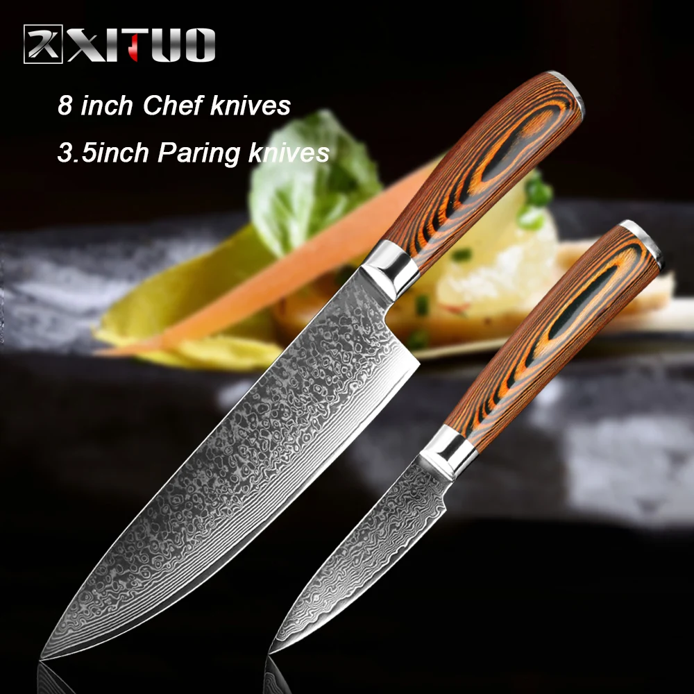XITUO нож шеф-повара 4 шт. набор дамасской стали 67 слоев стали santoku нож для нарезки обвалки кухонный нож Pakka с деревянной ручкой - Цвет: 2 PCS