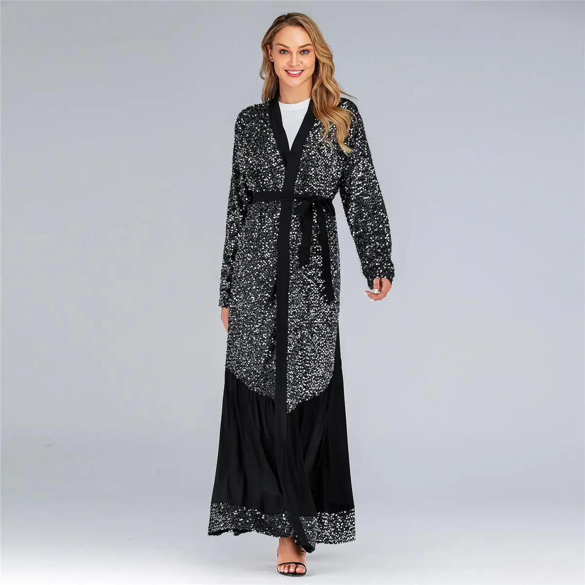 Black Open Abaya Sequin Kaftan Dubai Muslim Cardigan For Women Long Maxi Dress Jilbab Ramadan Luxury Kimono Party Cocktail Robe |