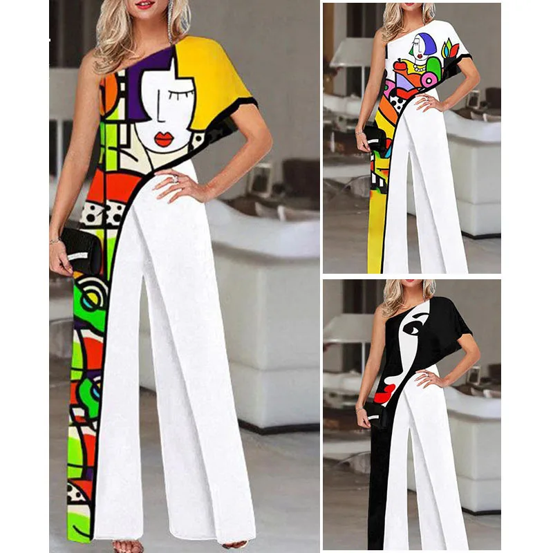 

Tuta Da Donna Элегантный женский 2021 летний Повседневный дворцовый свободный однотонный костюм на одно плечо офисный костюм оверсайз комбинезон