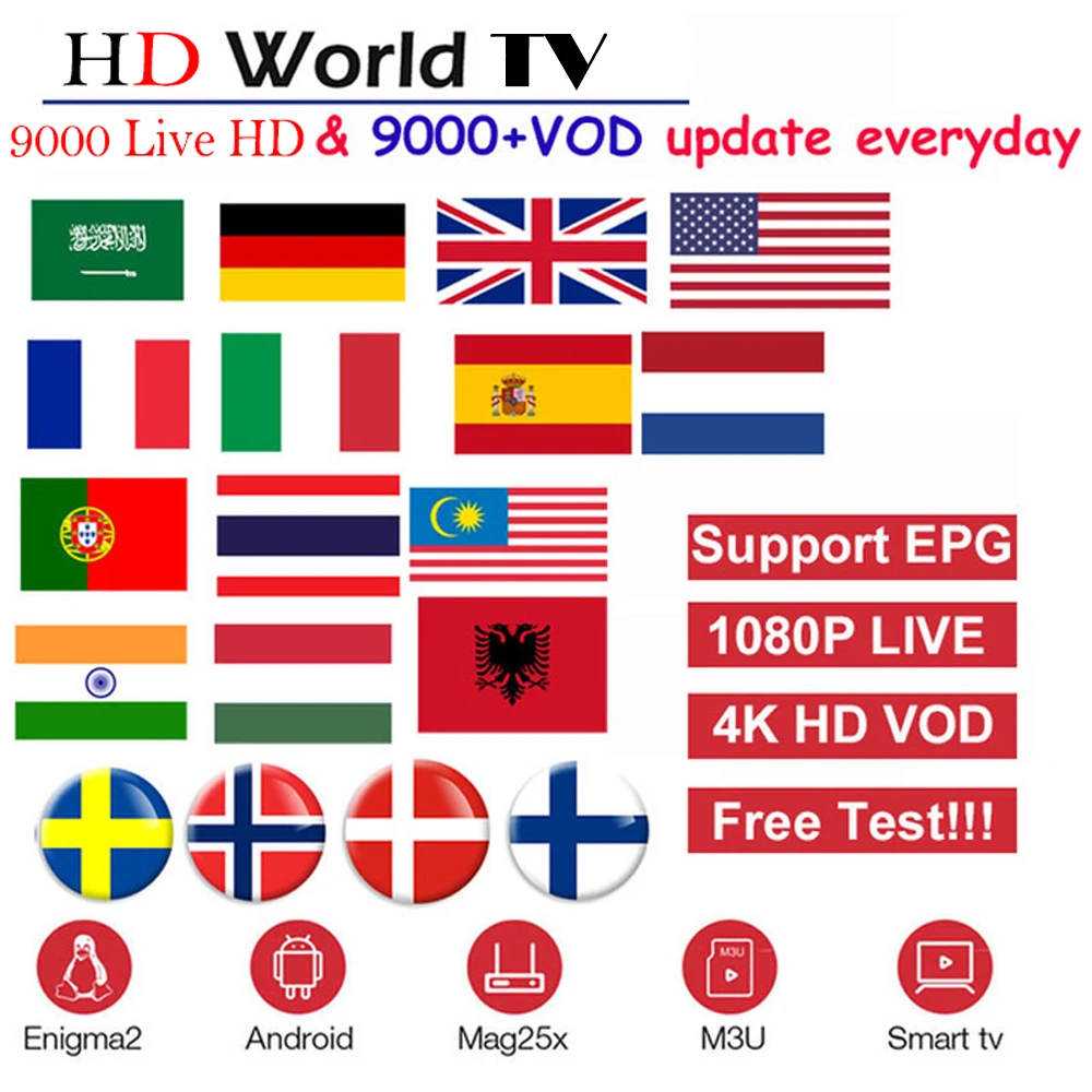 HD World tv подписка+ 9000 Live 9000 VOD 4K Европа голландский Испания Германия nertherland арабский США Великобритания ТВ abonnement Smart tv M3U