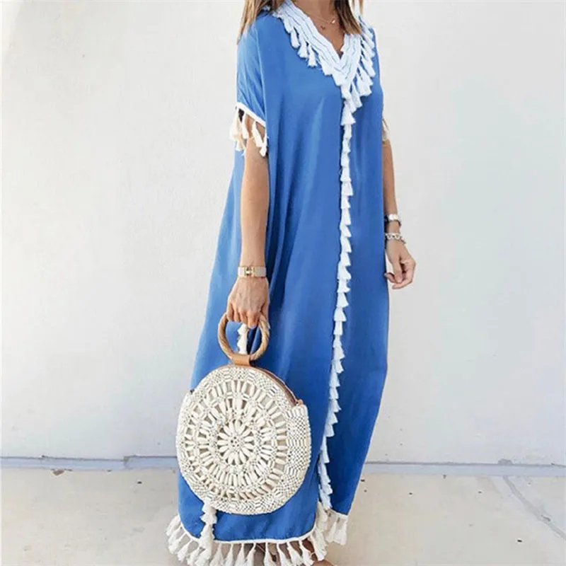 

Maxi Dress Swimsuit 2021 Summer Women Beachwear Bikini Cover-ups Beach Kaftan Sexy V-neck TasselCover Up Robe de plage A206