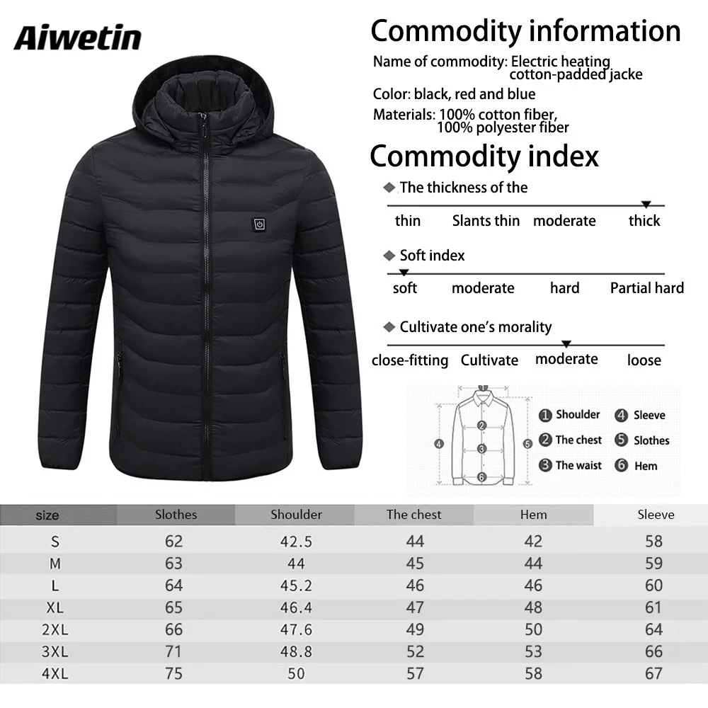 

Aiwetin Women 9 areas heating Jackets Female Winter Warm USB Heating Jackets Thermostat Hooded Heated Clothing Large size 4XL