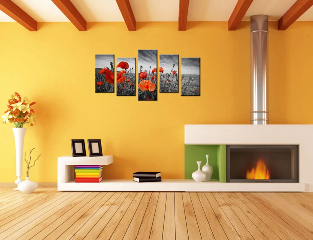 Оранжевый мак плакат Wall Art Печать холст Картина 5 штук цветущие растения домашний
