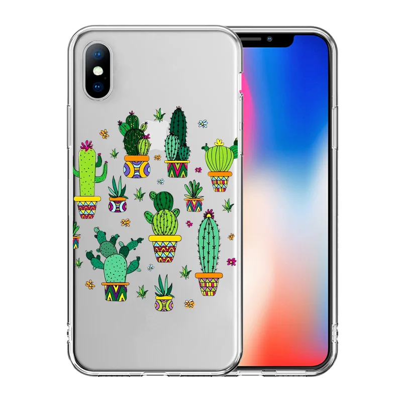

Cartoon Cactus green Plants Flower Phone Case For iPhone 11 Pro Max XS Max XR X 6 6s 7 8 Plus Transparent Soft TPU Back Cover
