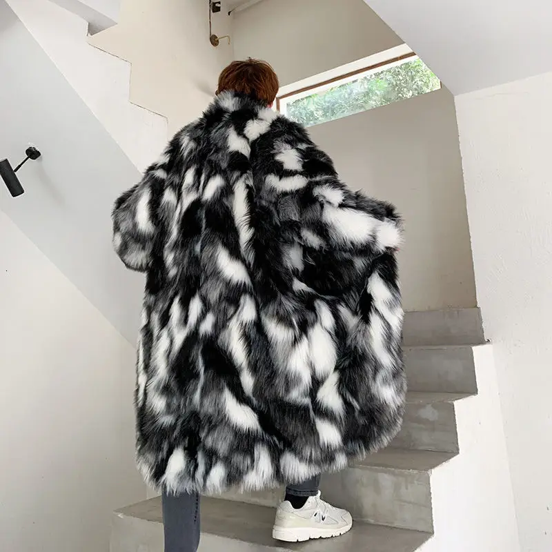 Fox Fur Men's Wear Trendy Long Over-the-knee Faux Fur Cotton Jacket Warmth Thick Windproof Cloak Hip-hop Imitation Casual Jacket