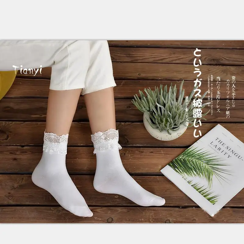 Women Solid Cotton Crew Socks Girls Lace Cuff Band Short Socks Ankle Socks Ladies Autumn White Black Long Socks 5 Pairs/lot