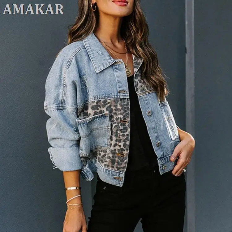 

2021 Winter Long-sleeved Jacket Stitching Lapel Short Jacket Jacket Denim European and American Style Leopard Print Women