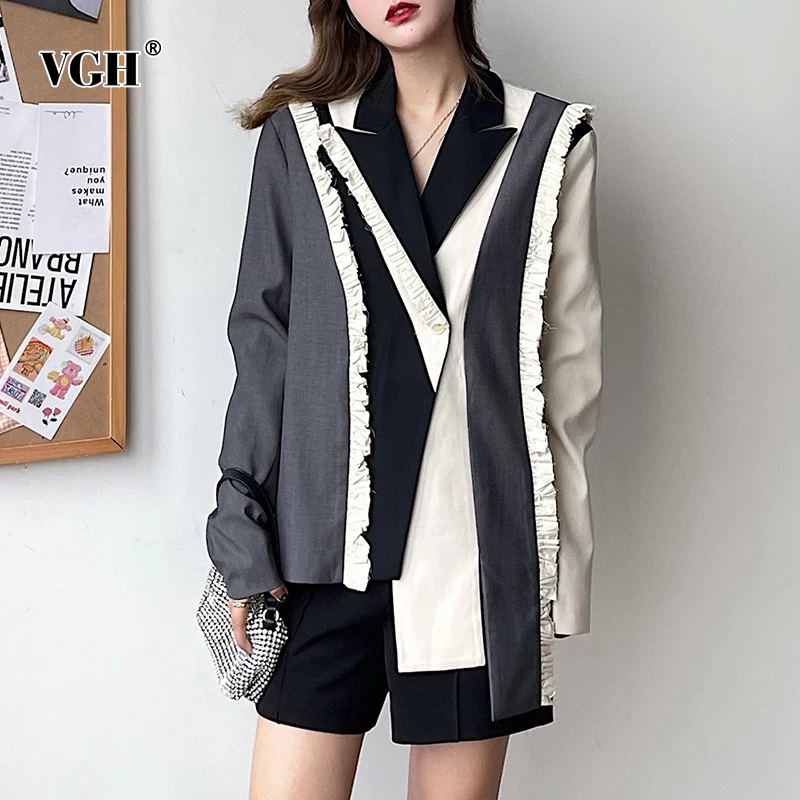 

VGH Colorblock Patchwork Irregular Asymmetrical Blazer Female Notched Long Sleeve Fashion Temperament Coat For Women Autumn 2021