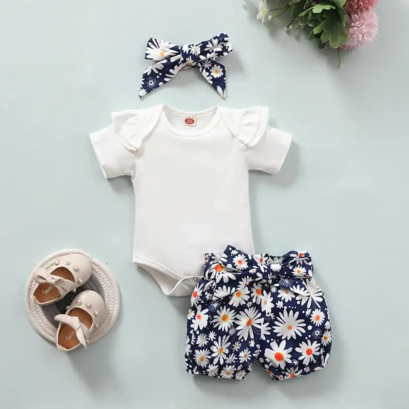 

2021 New Kids Suit Set Round Collar Short Sleeve Romper Floral Print Shorts Waistband Headband Summer Baby's Sets 4pcs