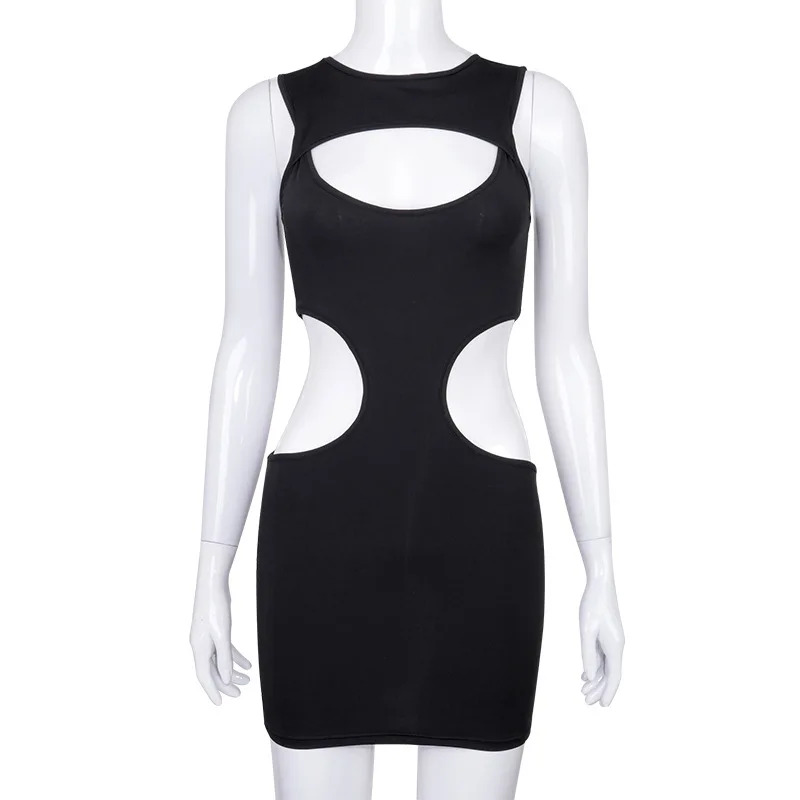 

Women's dress 2021 summer women's new style sleeveless round neck solid color sexy hollow package hip dress mini Vestido