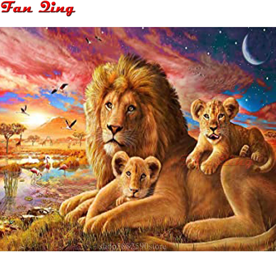 

5D Round/square Drill Modern Home Decoration Diy Diamond Painting "Lion And Small Lion " Needlework Full Diamond Embroidery