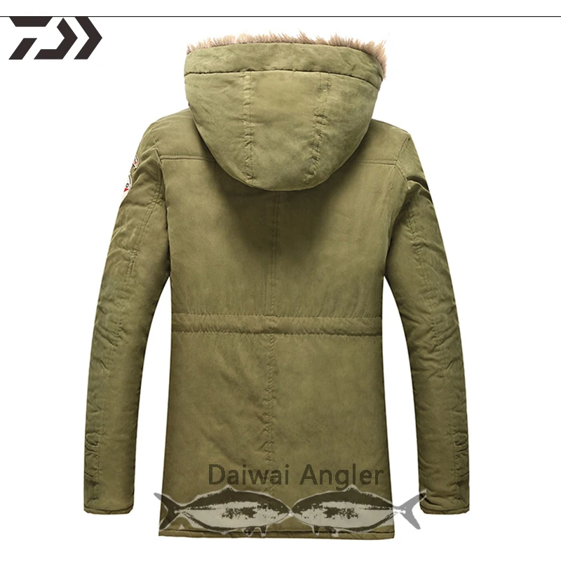 Daiwa Thick Cotton Fishing Jacket Men Windproof Thermal Hiking Fish Clothes Print Hooded Zipper Camping Outdoor Clothing