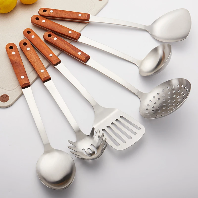 

6 Pcs Cooking Tool Sets 304 Stainless Steel Wooden Handle Anti-scalding Utensil Set Spoon Spatula Cookware sets Kitchen Tools