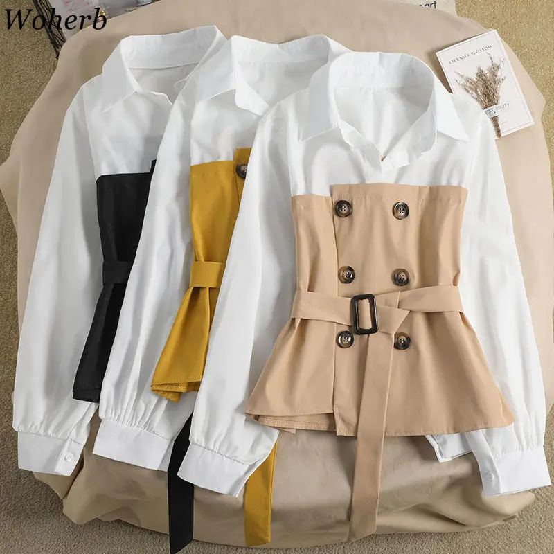 Блузка Woherb с имитацией двух предметов длинным рукавом в стиле пэчворк пуговицами