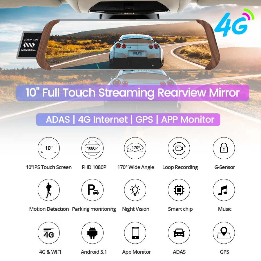 Автомобильный семейный видеорегистратор FHD 1080P 4G Android 10 &quotips сенсорный экран