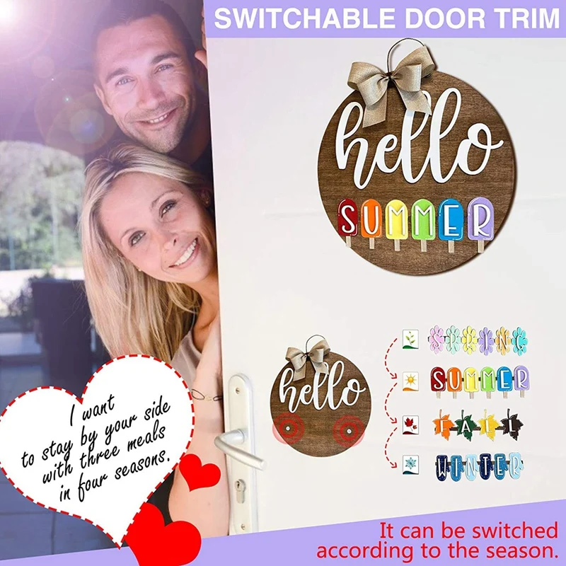 

Hello Seasons Painted Welcome Sign Wood Rustic Front Door Hanger Interchangeable Seasonal Hanging Sign Front Porch Decor