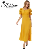 summer retro party dress ladies french style puff sleeve solid color square collar tight high waist long lady dress yellow