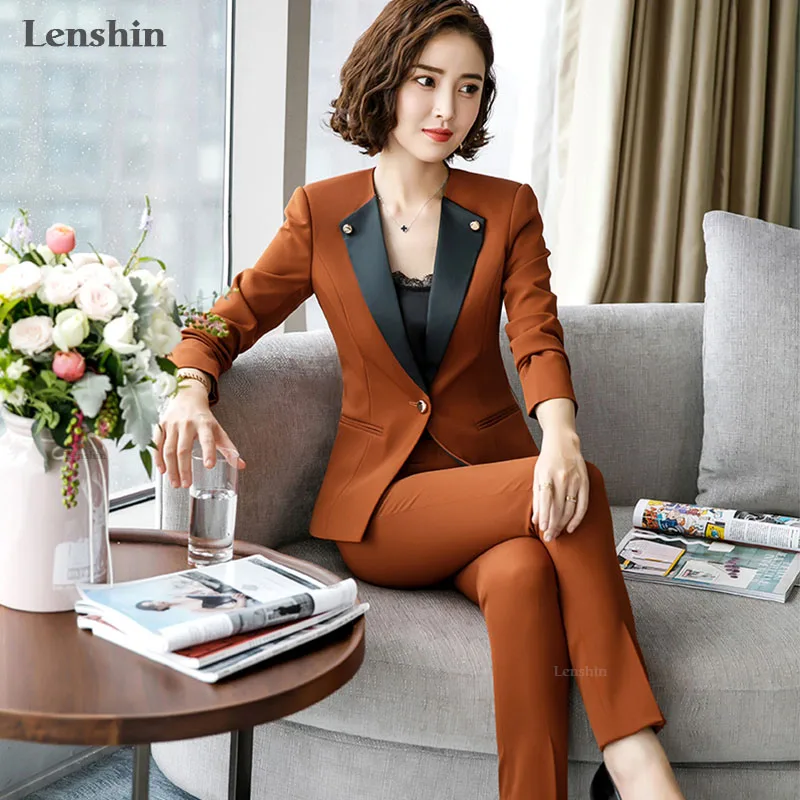 Lenshin, новинка, модные женские брючные костюмы, набор, деловые, формальные, с длинным рукавом, из кусков, блейзер и брюки, для офиса, для девушек, коричневая Рабочая форма
