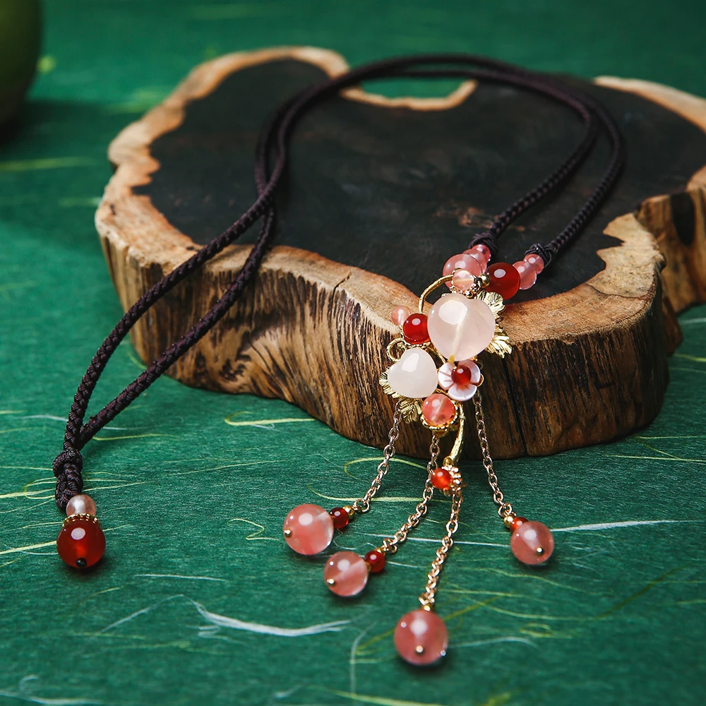 

Cute/Romantic Handmade Pendant Necklace Pink Heart Quartz Crystal Bead Red Stone Beads Rope Chain Female Accessories CL-190510