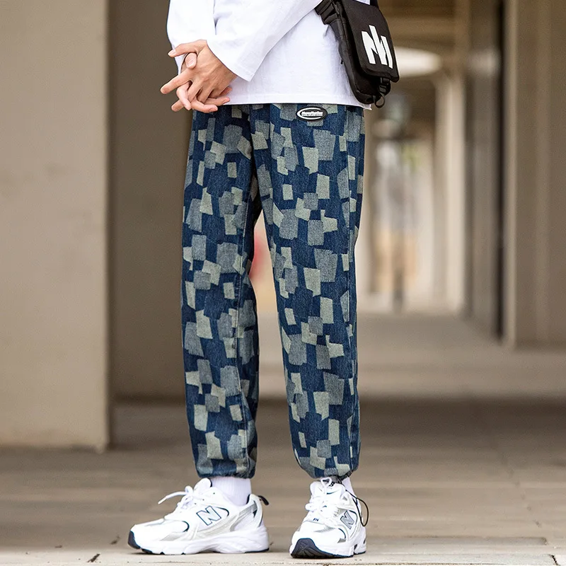 Summer New Jacquard Patch Blue Jeans Men's Trendy Brand Large Size Loose Straight-Leg Pants Drawstring Wide-Leg Denim Trousers