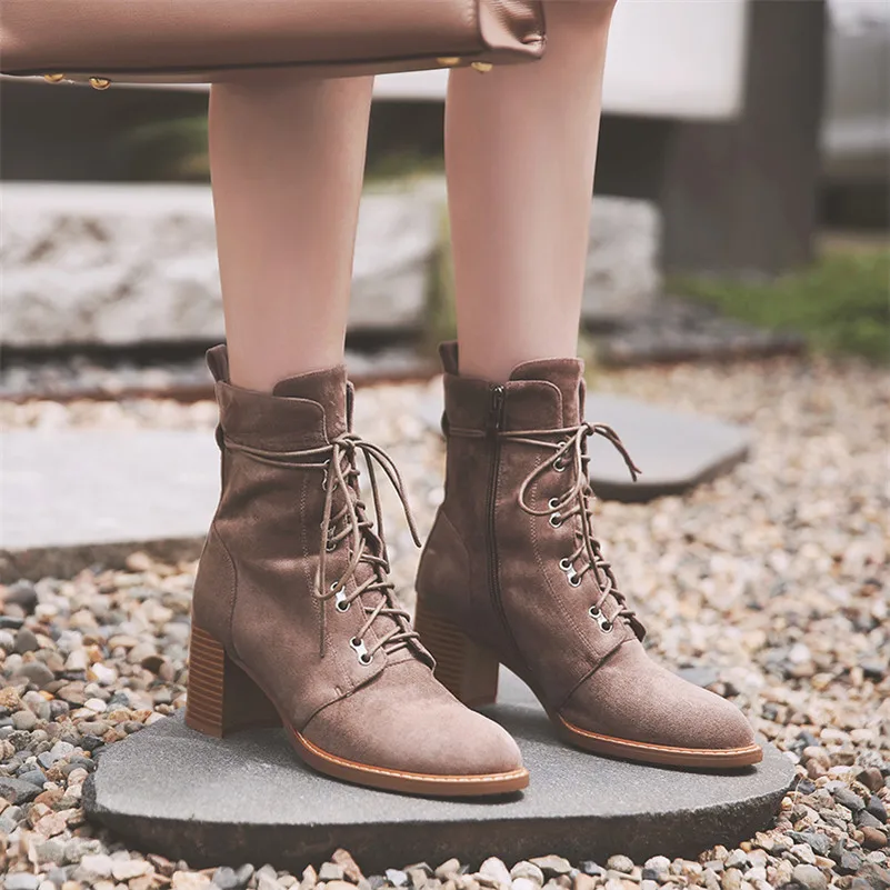 Meotina Winter Ankle Boots Women Kid Suede Thick High Heel Short Zipper Round Toe Shoes Female Autumn New Black Size 34-39 | Обувь
