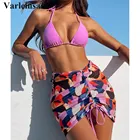 Женское бикини с лямкой на шее, женский купальный костюм, комплект из трех частей, бикини с разноцветной юбкой, купальный костюм для купания, V2959