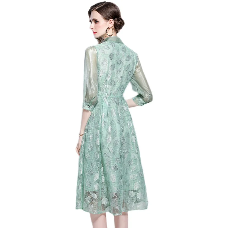

Summer Elegant Green Flower Lace Dress Patchwork Ribbon Bow Tie Collar Hollow Out Party Vestidos De Vintage Floral Dresses 6389