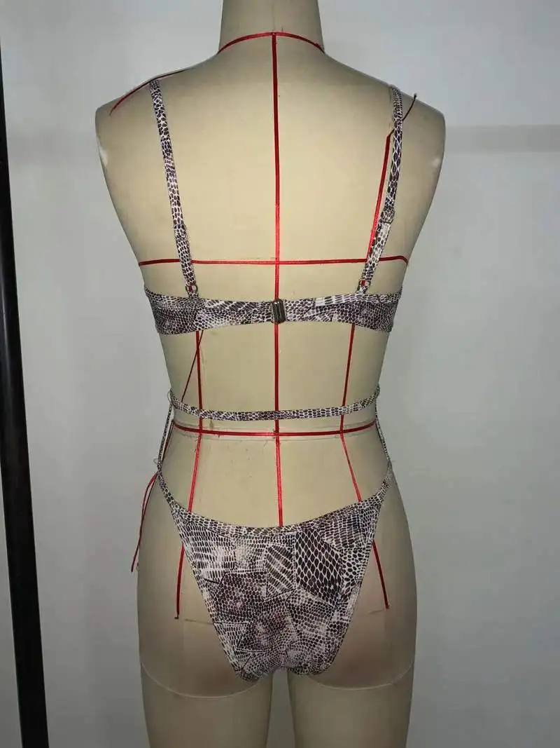 

Sexy Snake Skin Print Bikini Push Up Swimwear Cut Out Swimming Suit Bandage Swim Bath Suit High Cut Swim Suit Maillot De Bain
