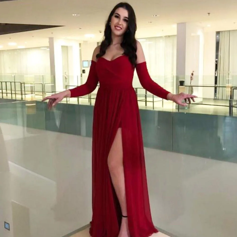 

Red Pleat A Line Bridesmaid Dresses Custom Woman Lady Girl Formal Sleeveless Chiffon Plus Size Sweetheart Thigh-High Slits Gown