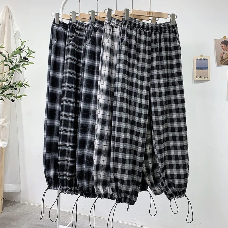 

Loose Drawstring Black and White Plaid Harem Pants Women's Spring Wide-leg Drape Nine-point Straight Legging Casual Pants