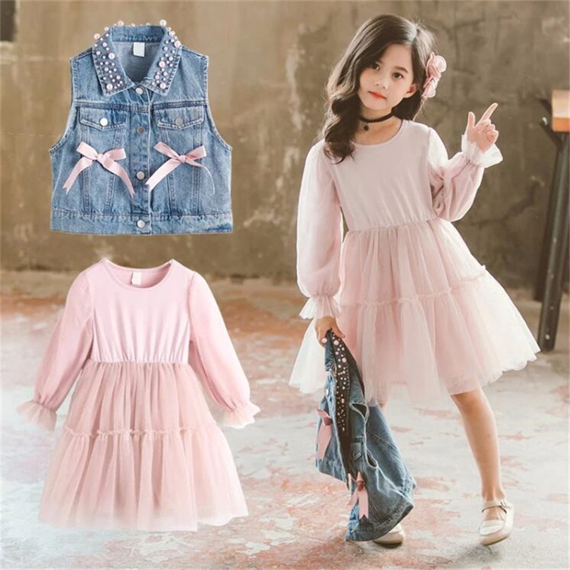 Джинсовое платье с бантом для девочек жилет жемчужинами кружевное модная одежда