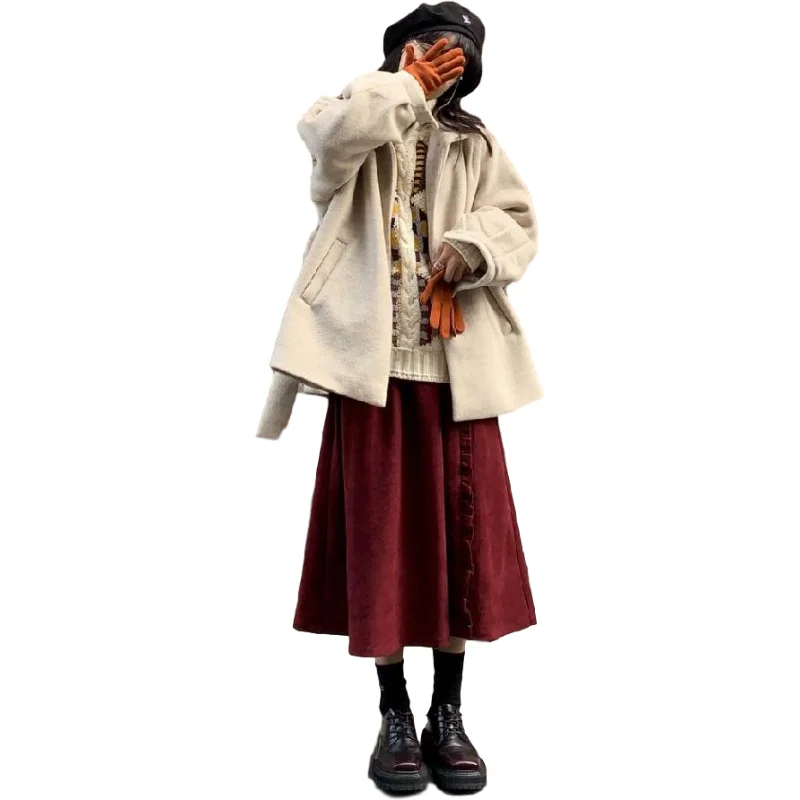 

New A Line Japanese Harajuku Autumn Winter Women Skirt High Waist Solid Female Korean Streetwear Elegant Long Skirts Plus Size