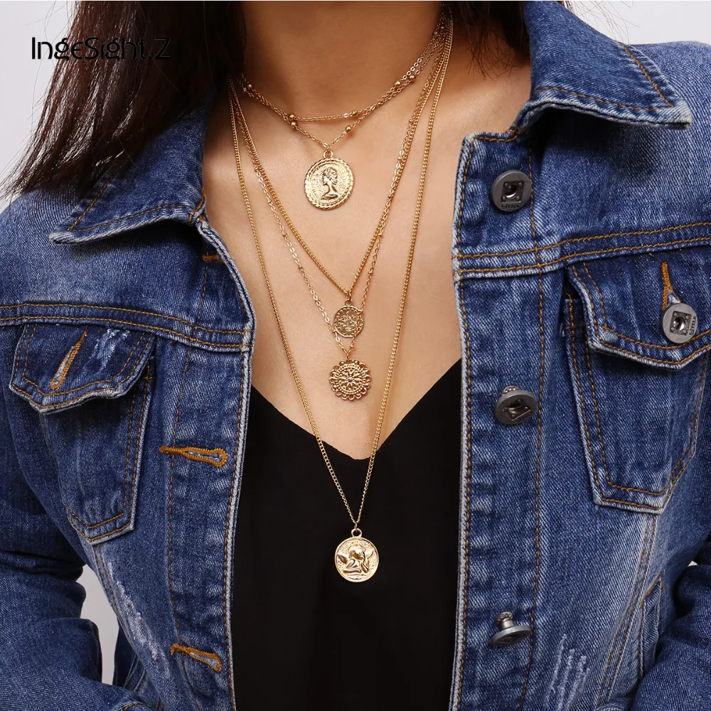Ingesight. Z Boho 5 многослойная длинная Регулируемая цепочка 4 кулон колье ожерелье Мода Монета Руна королева ювелирные изделия женский подарок