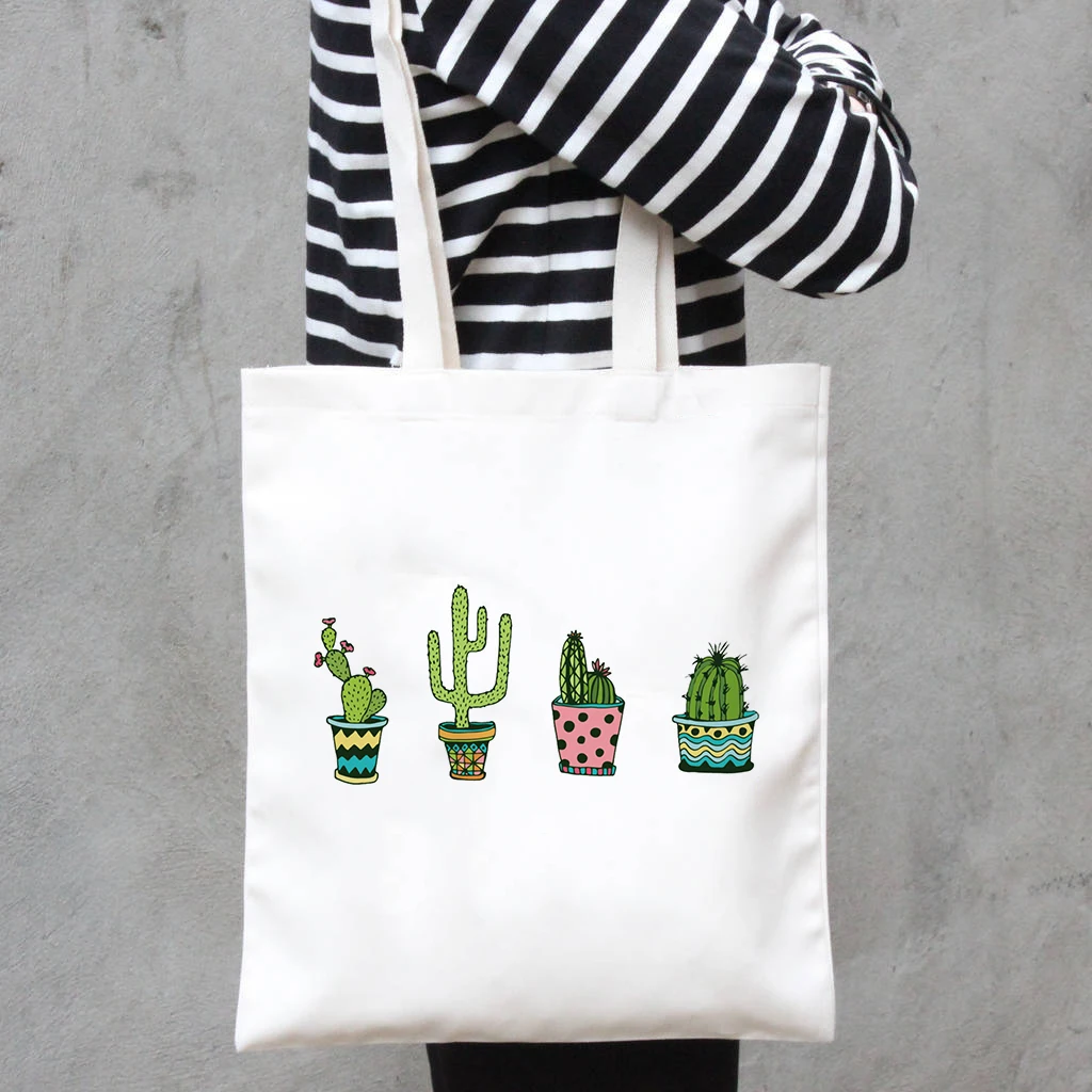 Cactus Plant Tote Bag Ladies Canvas Shopping Bags Travel Large Capacity Handbag Graphic Cute Foldable | Багаж и сумки