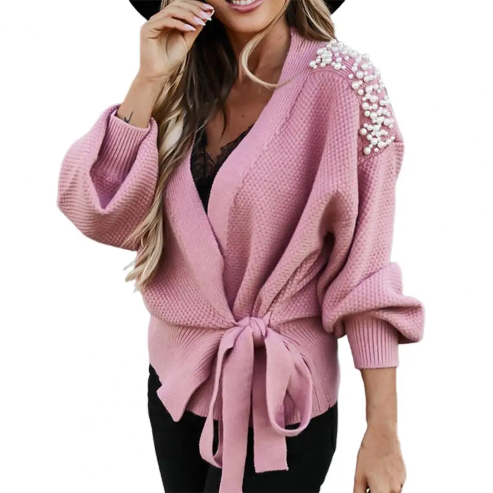 

Women Casual Sweater Solid Color Lace V Neck Imitation Pearl Knitted Bow Knot Autumn Winter Ladies Knitted Fabric Sweater
