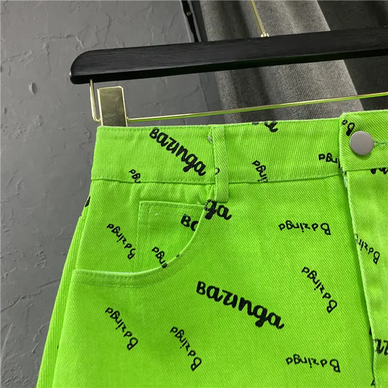 

European fashion women's dress 21 new summer high waist A-line skirt personality fluorescent green letter skirt denim skirt