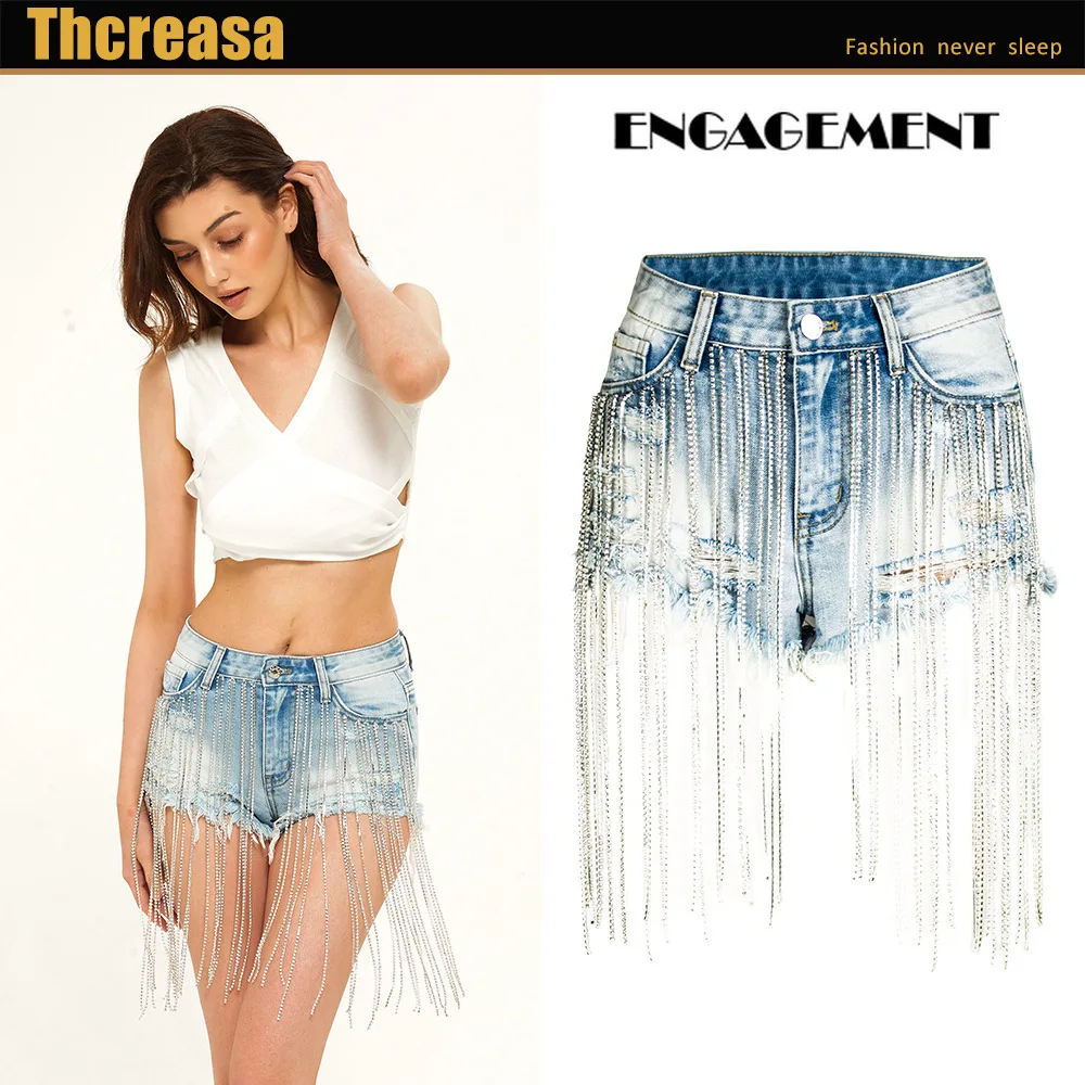 

ENGAGEMENT 2021 Trafaluc Za Summer wide leg long tassel high waist tide drill chain denim shorts women hot pants jean shorts