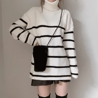 autumn winter vintage pullover women knitt sweater long sleeve stripe turtleneck sweater loose oversize casual knitt 306i
