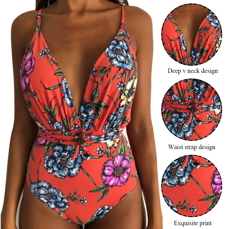 Bikini 2020 New Women Sexy Print Brazilian One Piece Swimsuit Floral Retro Thong High Waist Bodysuit Backless Cut Swimwear |