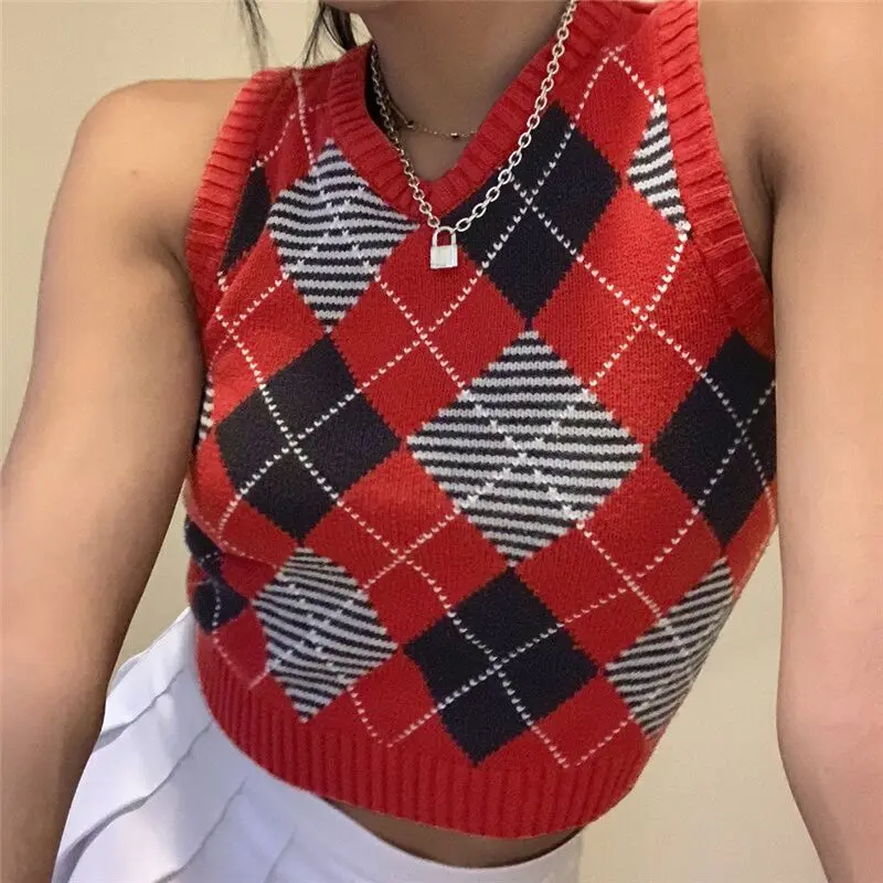 Argyle клетчатый Вязаный топ на бретелях Женский трикотажный элегантный стиль Y2K