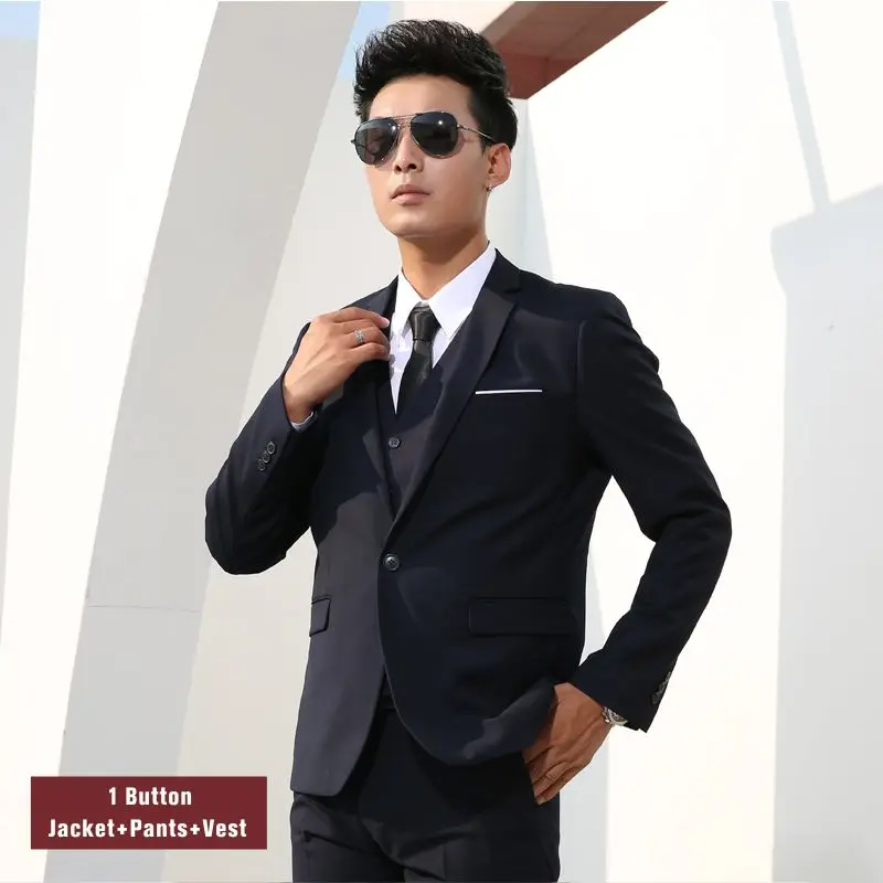 Shenrun Men Suits Slim Business Formal Casual Classic Suit Wedding Groom Party Prom Single Breasted Color Black Gray Navy Blue - Цвет: Navy Blue 3