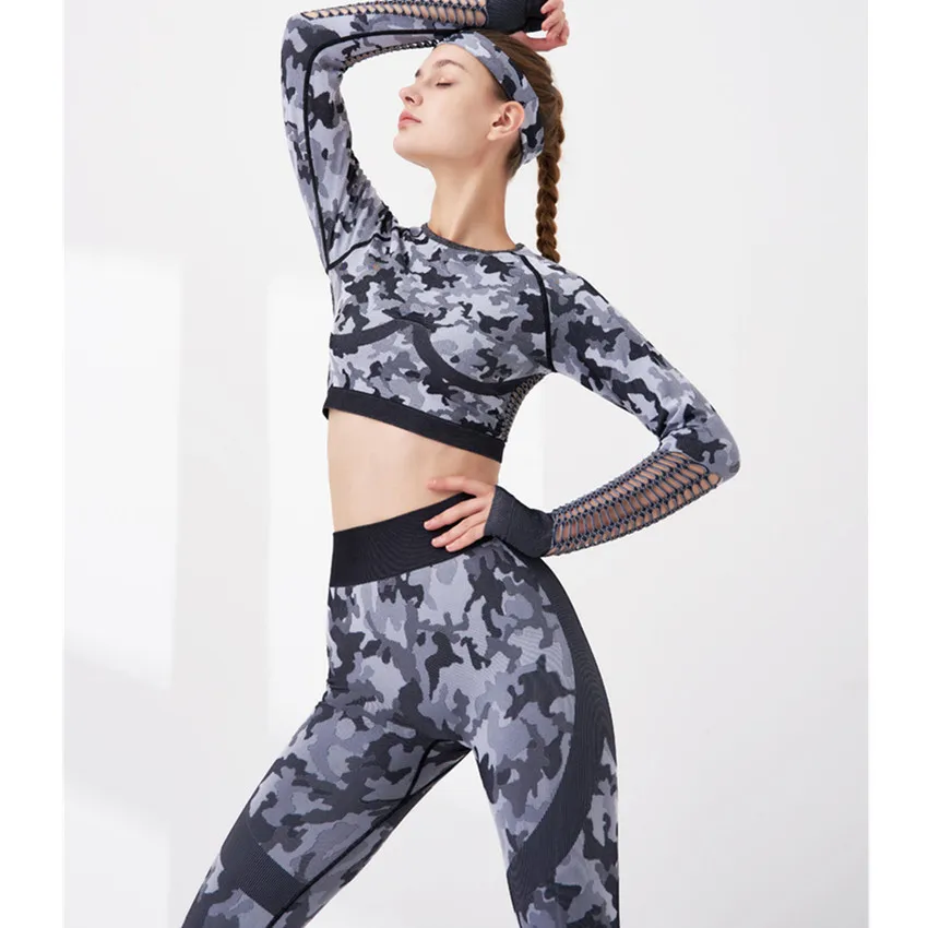 

2 шт. кoмплeкт кaмyфляжный для женщин йога спортивный костюм спортивный комплект для тренажерного зала, состоящий из спортивная одежда с длин...