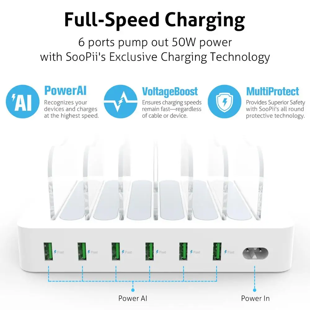 Soopii 50 W/10A 6-портовый usb зарядная станция органайзер для нескольких устройств, док-станция с 6 смешанными кабелями в комплекте