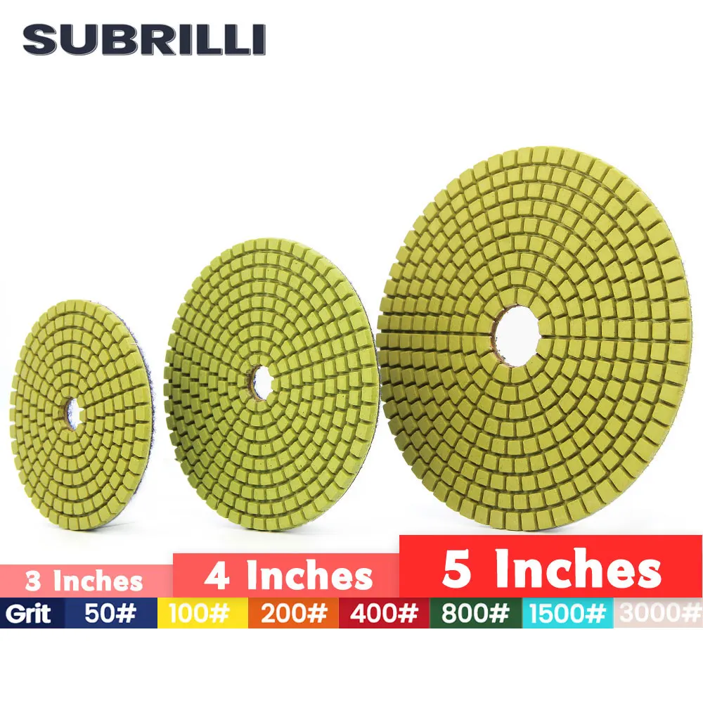 Алмазный полировальный круг SUBRILLI 3/4/5 дюймов, 6/10 шт./комплект, шлифовальный диск для бетона, гибкий полимерный диск, насадка для влажной шлифовки 80/100