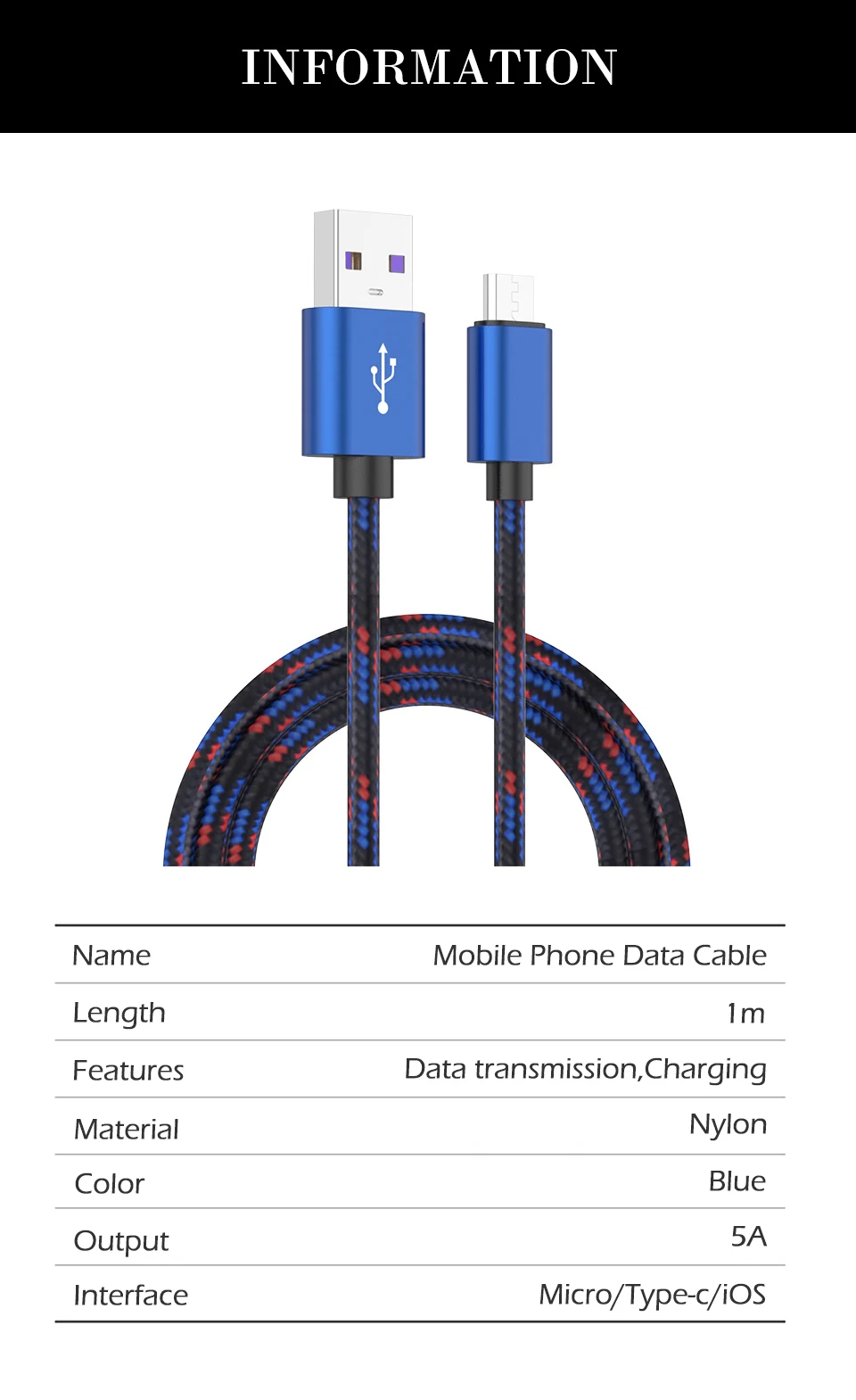 Usb-кабель для мобильного телефона, микро сменный IOS type-c, синий цвет, 5А, быстрая зарядка, линия передачи данных, нейлоновый материал