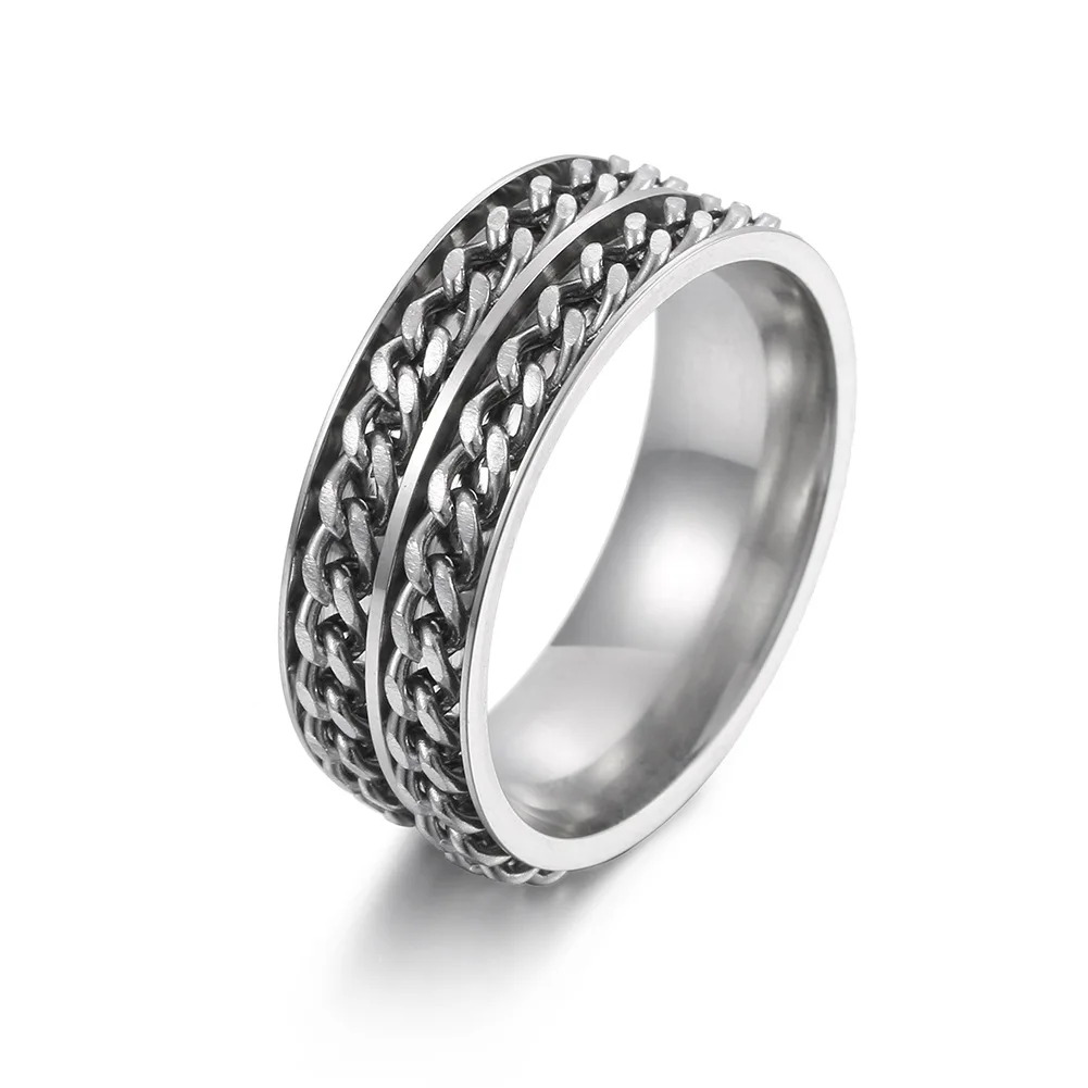 

Hot Selling Men's Titanium Steel Double Chain Rotating Ring Stainless Steel Jewelry Rotatable Decompression Ring Wholesale
