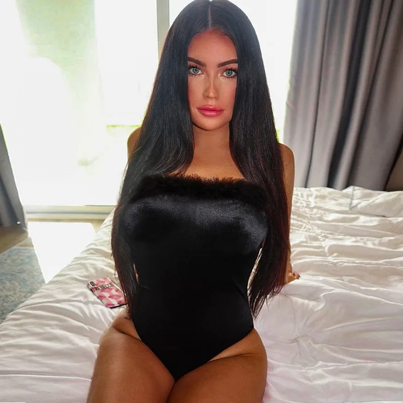 Женский пушистый комбинезон Darcydebie черный облегающий из искусственного меха без